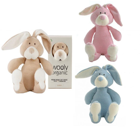 Wooly Organic Bunny Soft Toy in natural, pink and blue