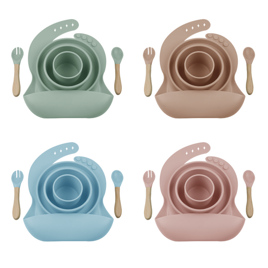 MiniKOiOi BLW Set III silicone feeding set in sage, mocha, blue and pink